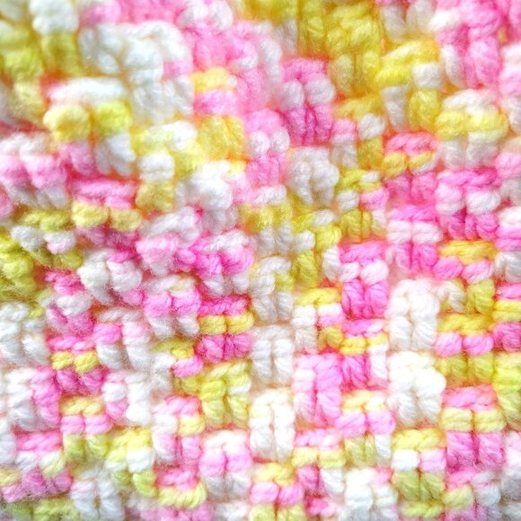 Hand Crochet Bag Pink Yellow White Vintage Double Strap Grandmacore Handbag 14" - Picture 9 of 16